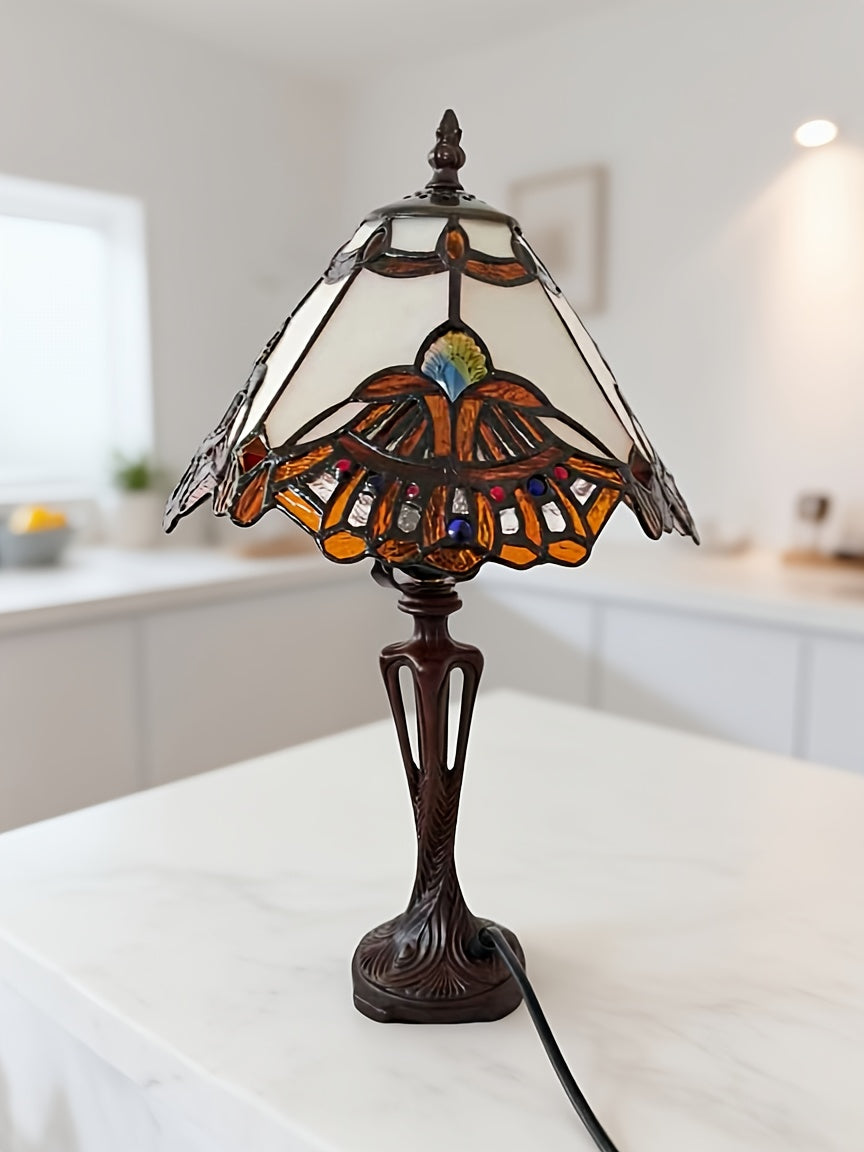 Lampe de table Tiffany en vitrail à éventails, pied ajouré, 42 cm