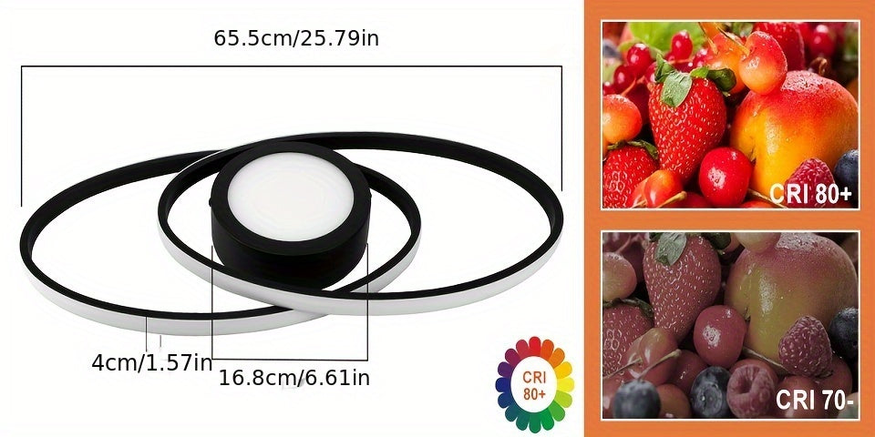 Plafonnier LED noir ovale ou carré à anneaux, avec télécommande
