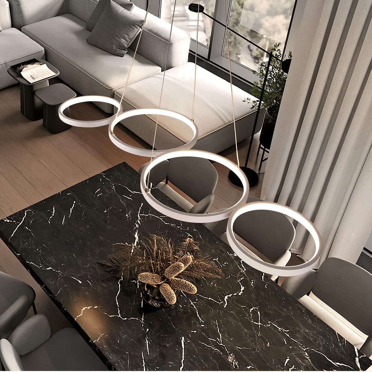 Lustre LED à quatre anneaux en ligne, 88 cm, blanc ou noir