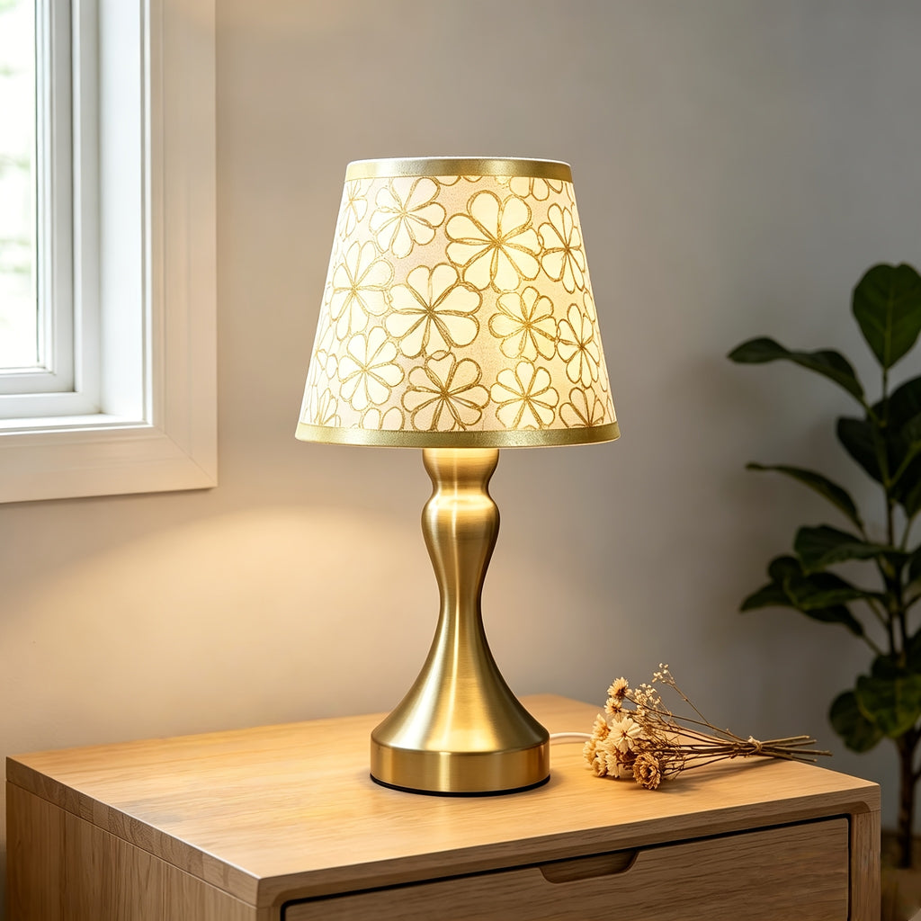 Lampe de chevet dorée à abat-jour fleuri en tissu, alimentation USB