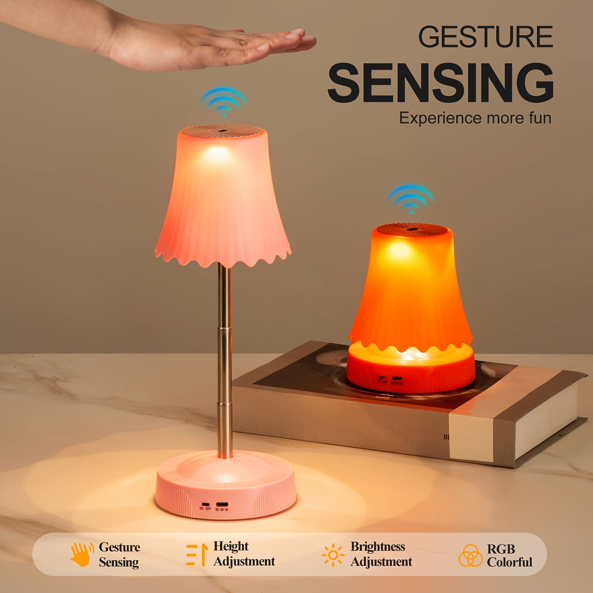 Lampe gestuelle sans fil en cloche, RVB, blanc, orange ou rose