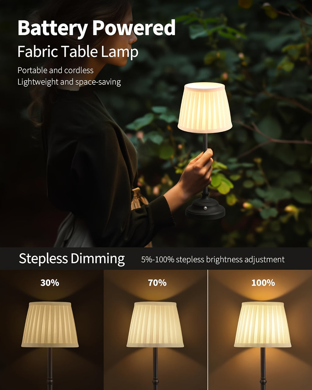 Lot de 2 lampes de chevet sans fil, abat-jour plissé crème