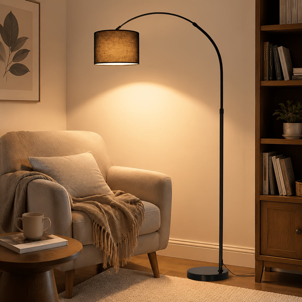 Lampadaire arc pour coin lecture, abat-jour tambour noir Ø 30
