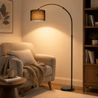 Lampadaire arc pour coin lecture, abat-jour tambour noir Ø 30