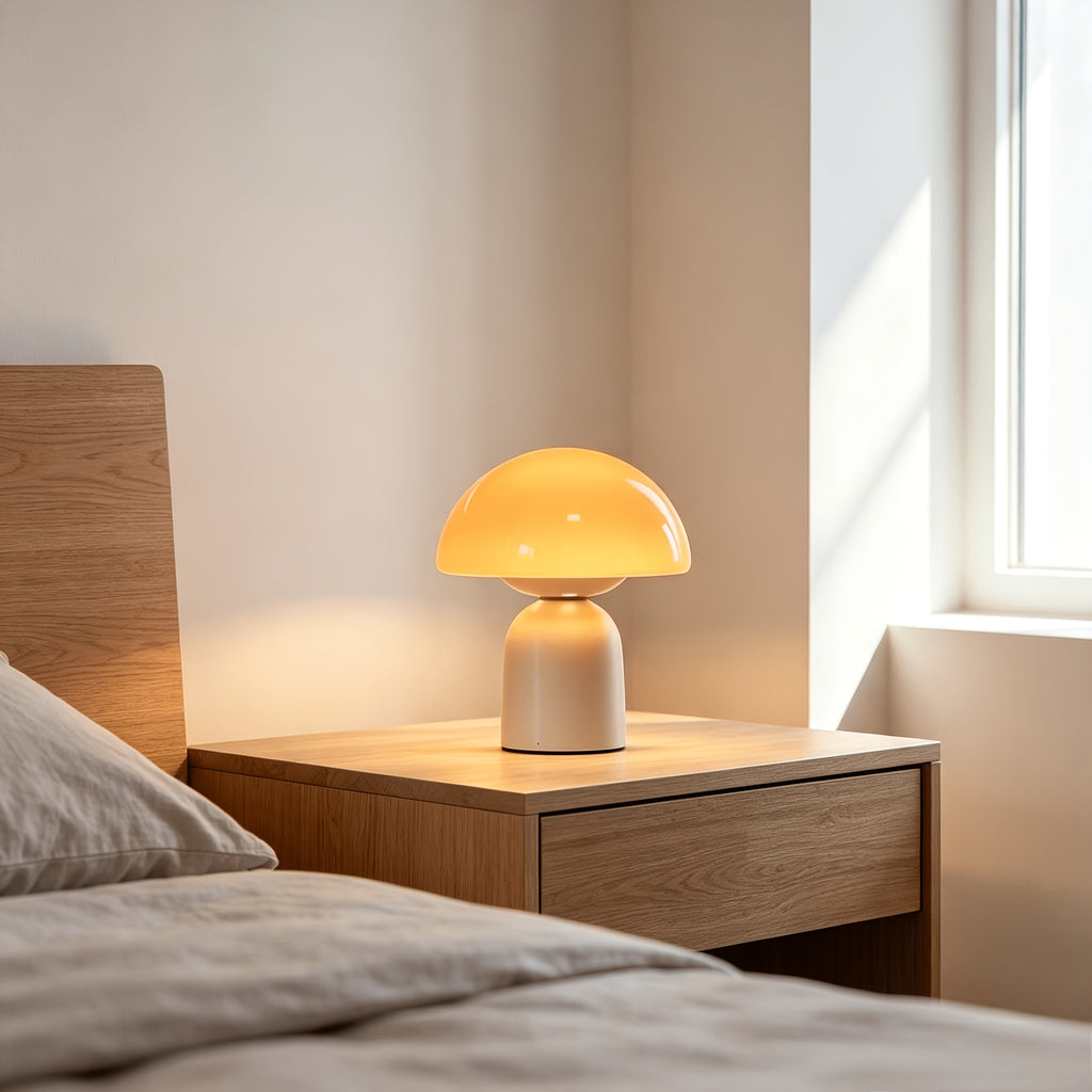 Lampe champignon en verre coloré et pied blanc, branchement USB