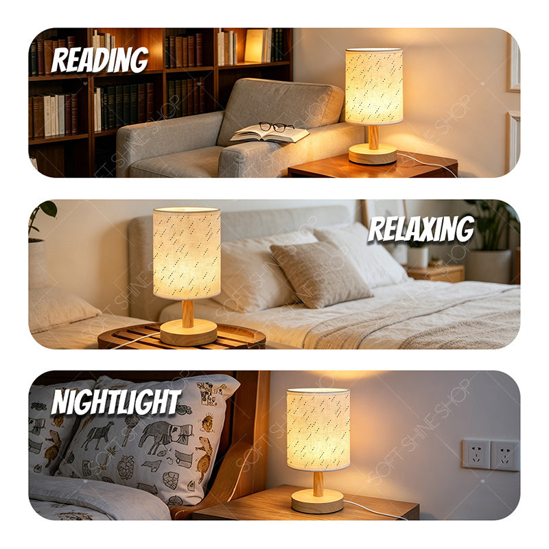Lampe de table effet bois clair, abat-jour à traits obliques, USB