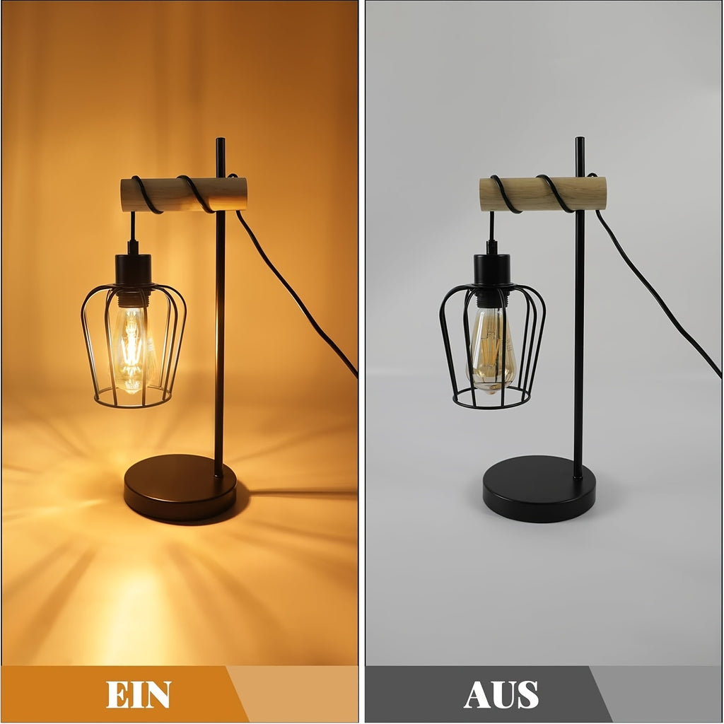 Lampe de table industrielle à cage suspendue, métal noir et bois
