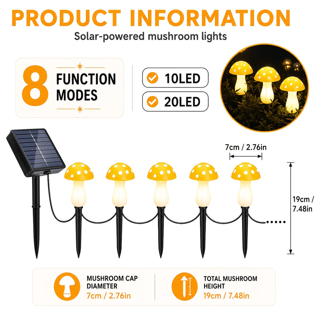 Guirlande solaire de champignons jaunes lumineux, 10 ou 20 LED