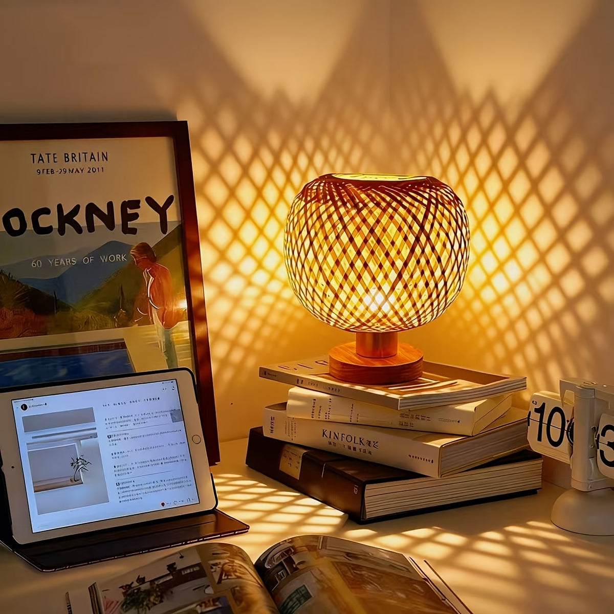Lampe de chevet boule en bambou tressé croisé, 22 cm, câble USB