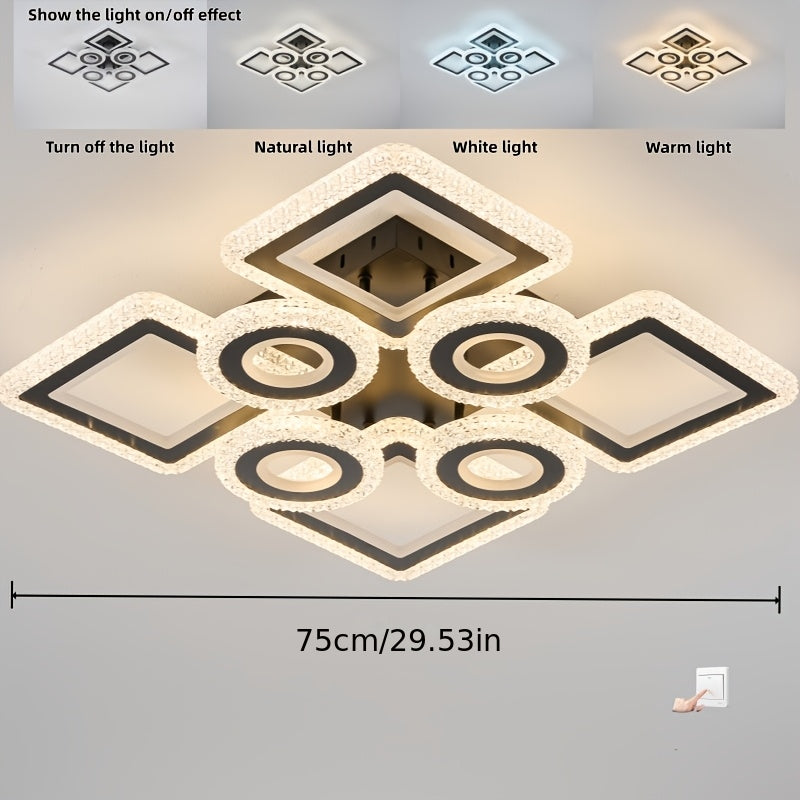 Plafonnier LED géométrique 75 cm, anneaux et carrés, trois teintes