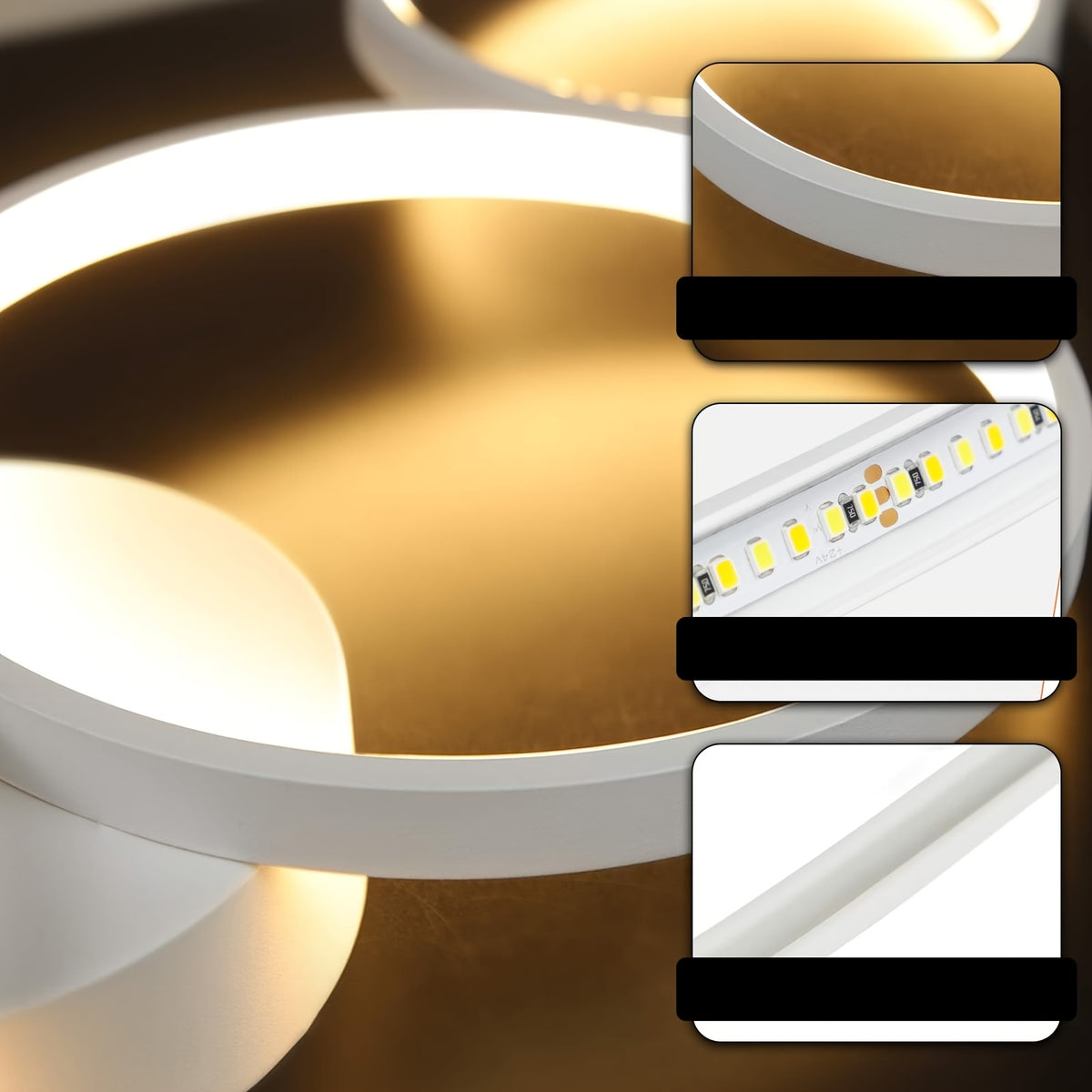 Plafonnier LED 4 anneaux noir ou blanc, 88 ou 100 cm, ou suspendu