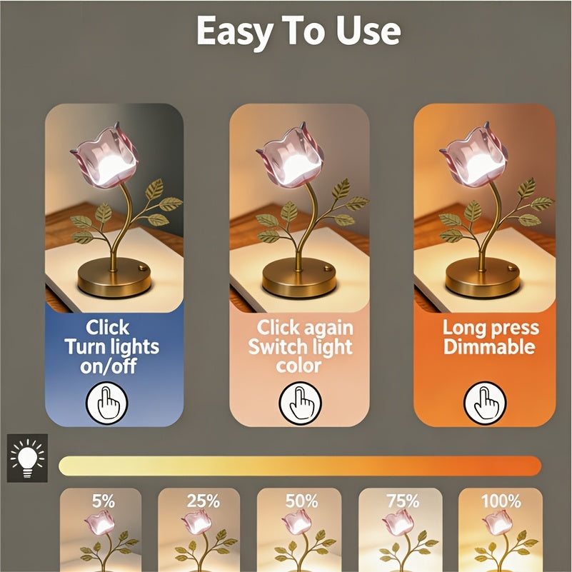 Lampe tulipe sans fil en verre, tige dorée à feuilles, tactile