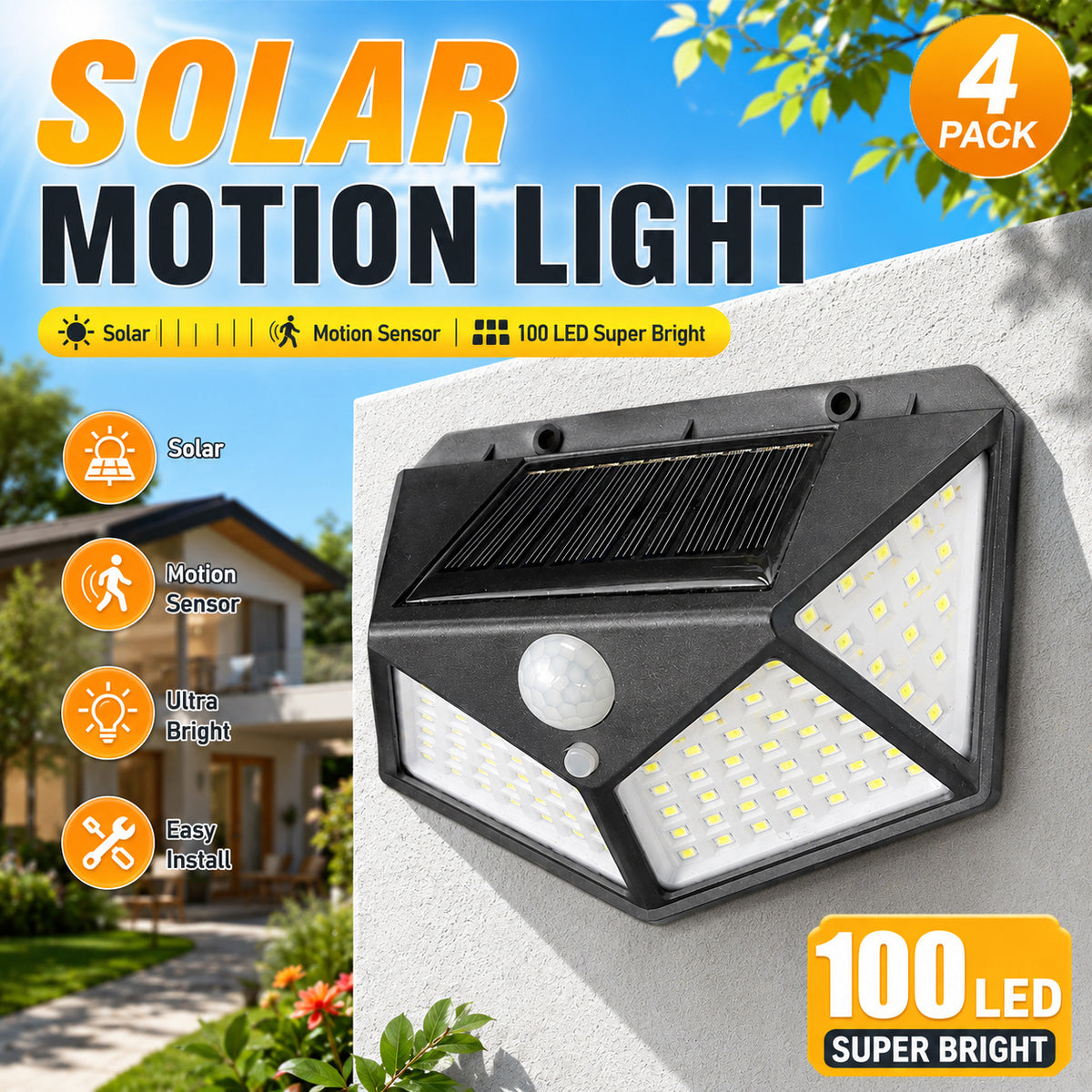 Applique solaire à détecteur 100 LED à pans coupés, lot de 4