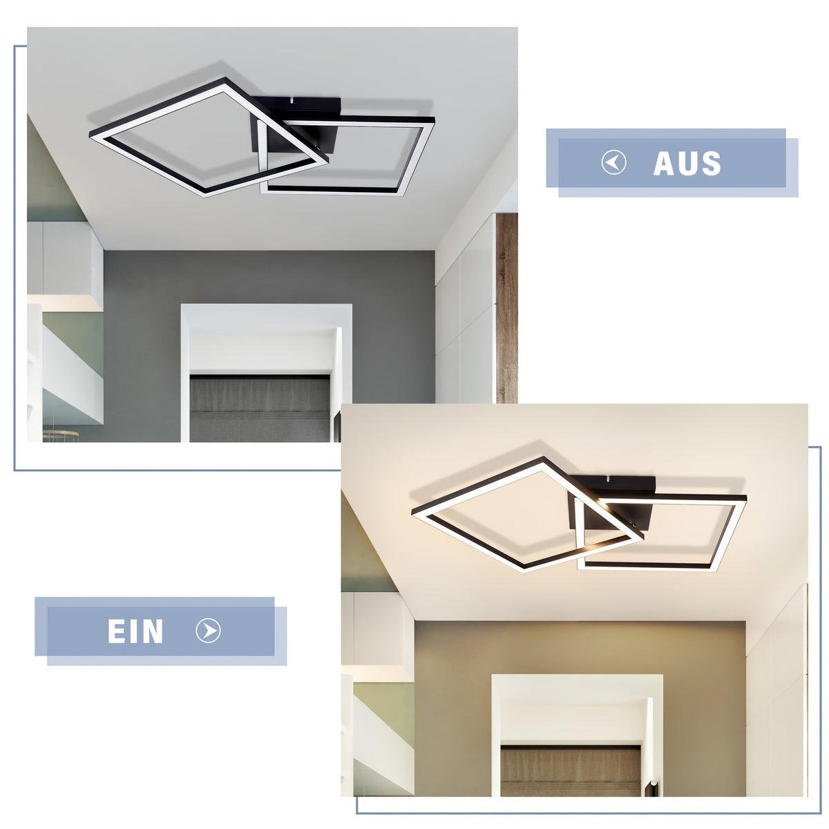 Plafonnier LED à deux cadres carrés pivotants noirs, 65 cm