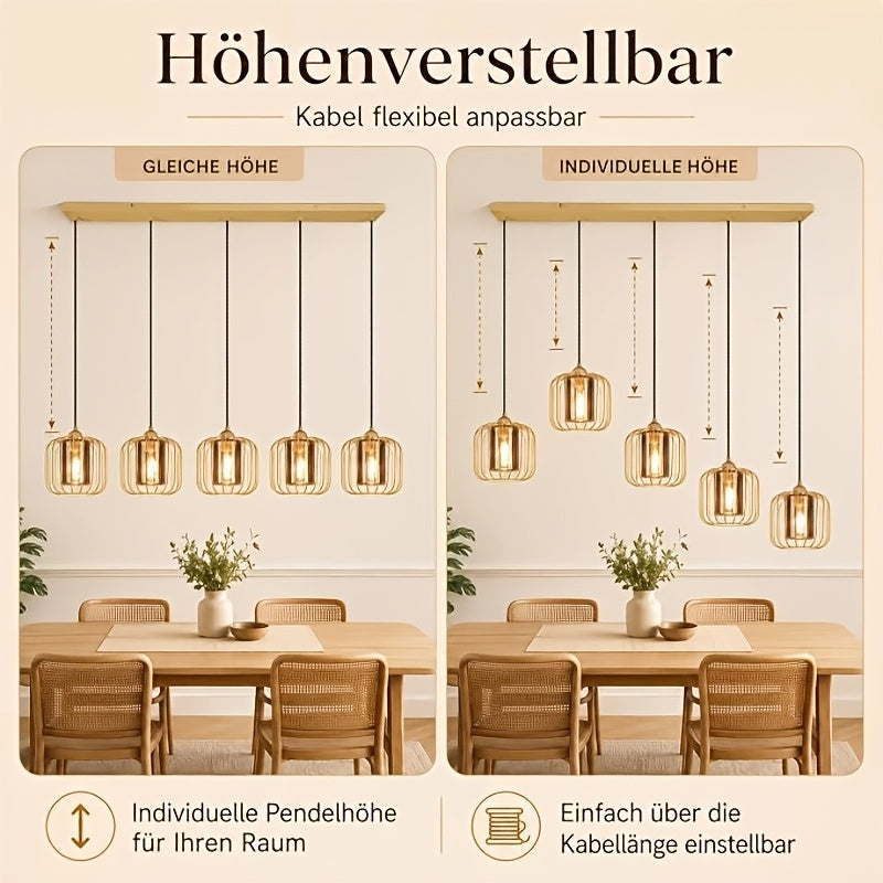Suspension 5 cages dorées et verre fumé sur rampe de 100 cm, E27