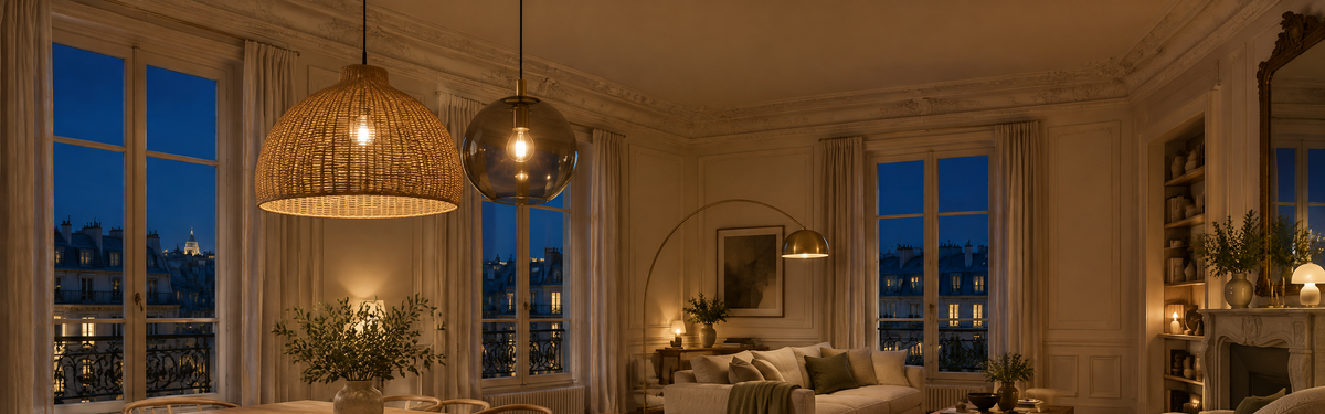 Salon parisien au crépuscule éclairé par une suspension en rotin, une suspension globe en verre fumé et un lampadaire arc en laiton