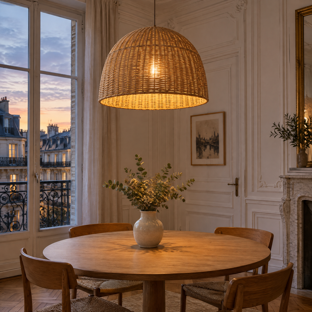 Suspension en rotin allumée au-dessus d'une table ronde en chêne, dans un appartement parisien au crépuscule