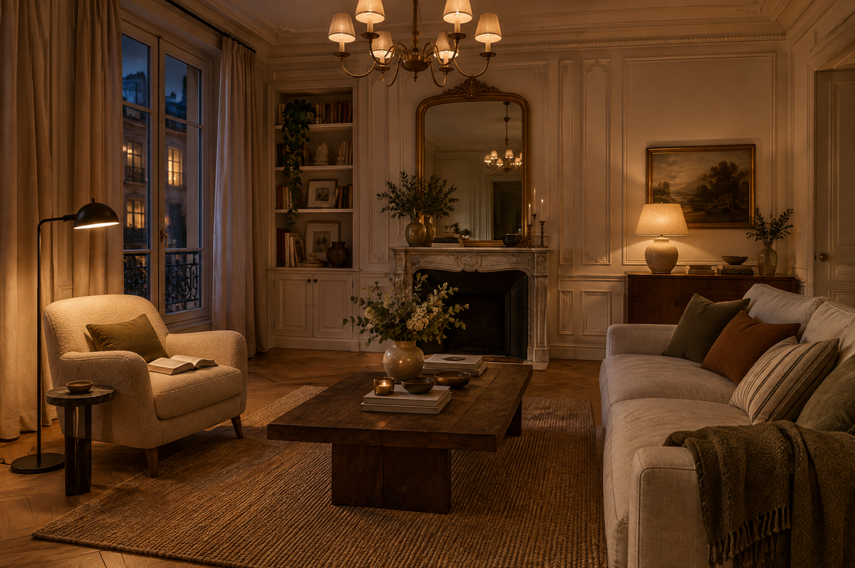 Salon éclairé le soir par un lustre, un lampadaire noir près d'un fauteuil et une lampe en céramique sur un buffet Image