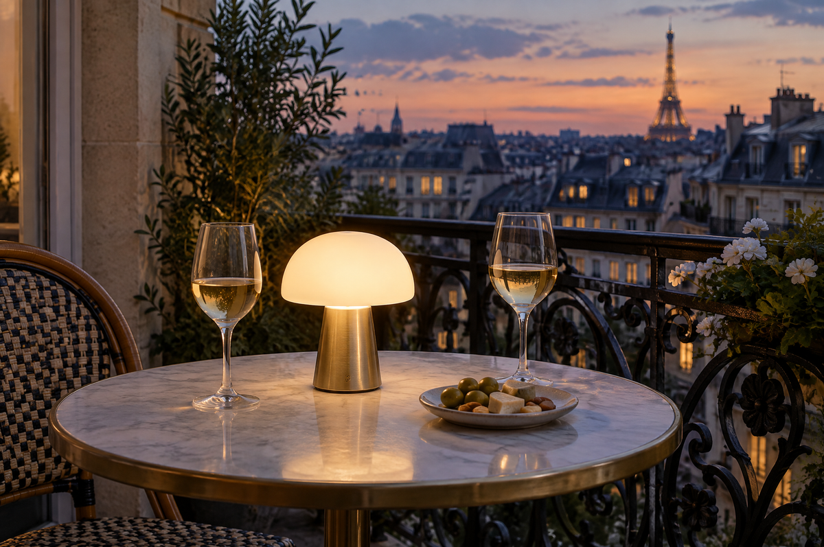 Lampe sans fil champignon allumée sur une table de balcon à Paris, sans aucun câble Image