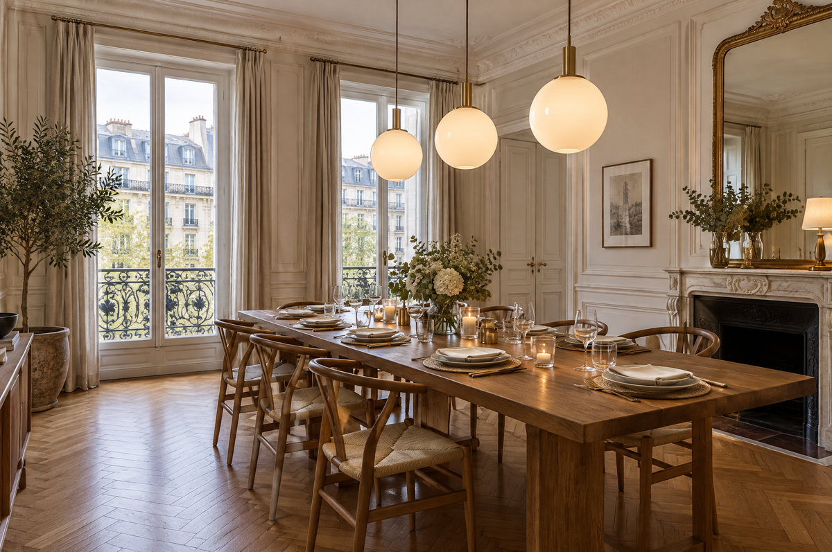 Trois suspensions globes en verre opalin alignées au-dessus d'une longue table de salle à manger dressée Image