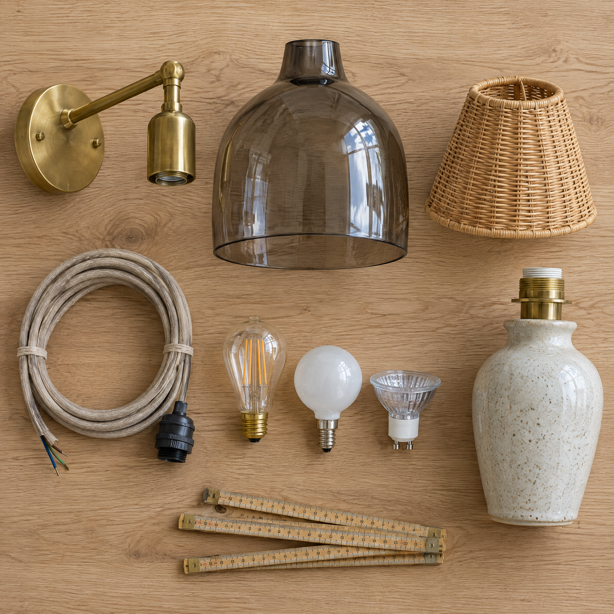 Applique en laiton, abat-jour en verre fumé et en rotin, pied en céramique, ampoules et mètre pliant posés à plat Image