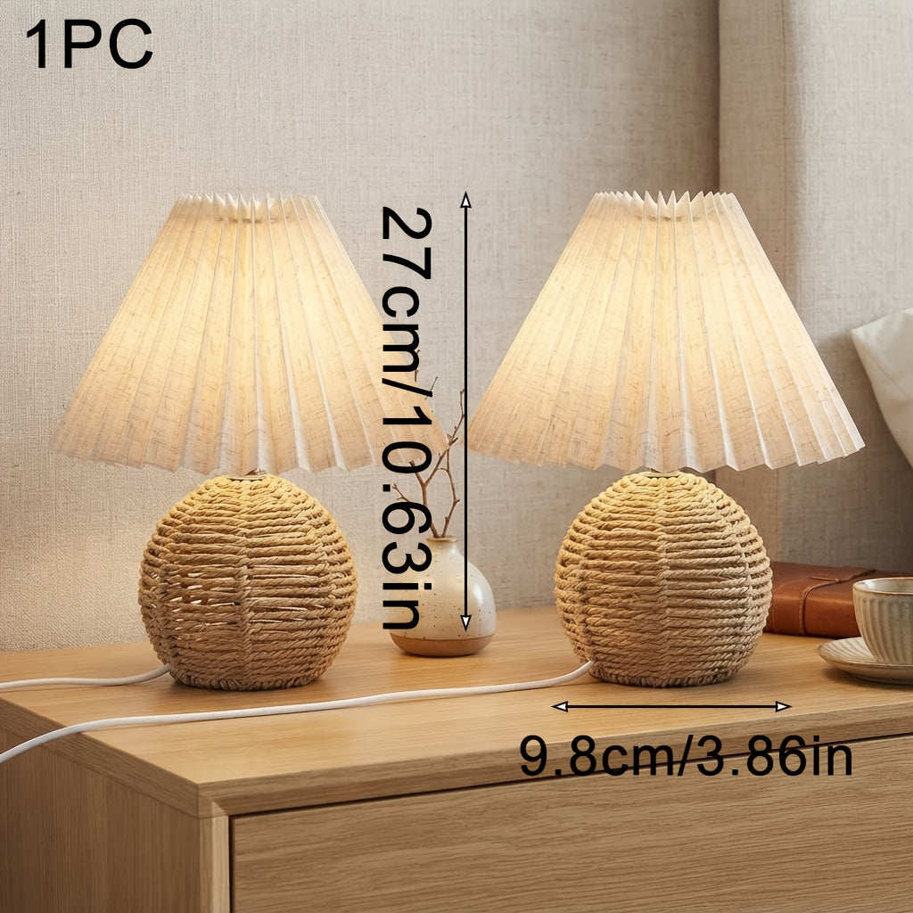 Lampe de chevet bohème, abat-jour plissé en lin et pied en corde