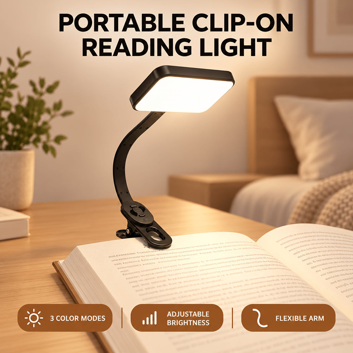 Lampe de lecture à pince noire modulable, tête amovible et bras