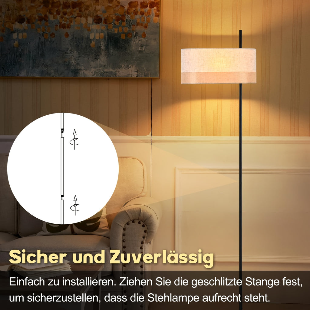 Lampadaire à abat-jour tambour en lin beige et mât noir, 154 cm