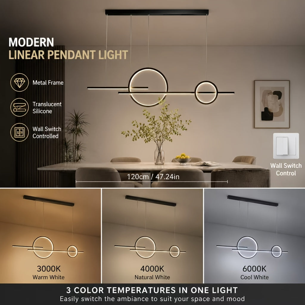 Lustre LED cercles et barres sur 120 cm, en blanc, noir ou doré