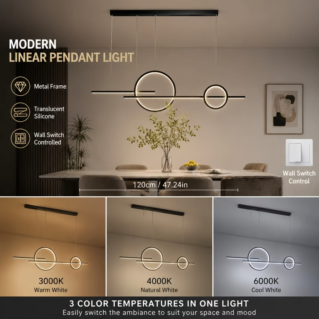 Lustre LED cercles et barres sur 120 cm, en blanc, noir ou doré