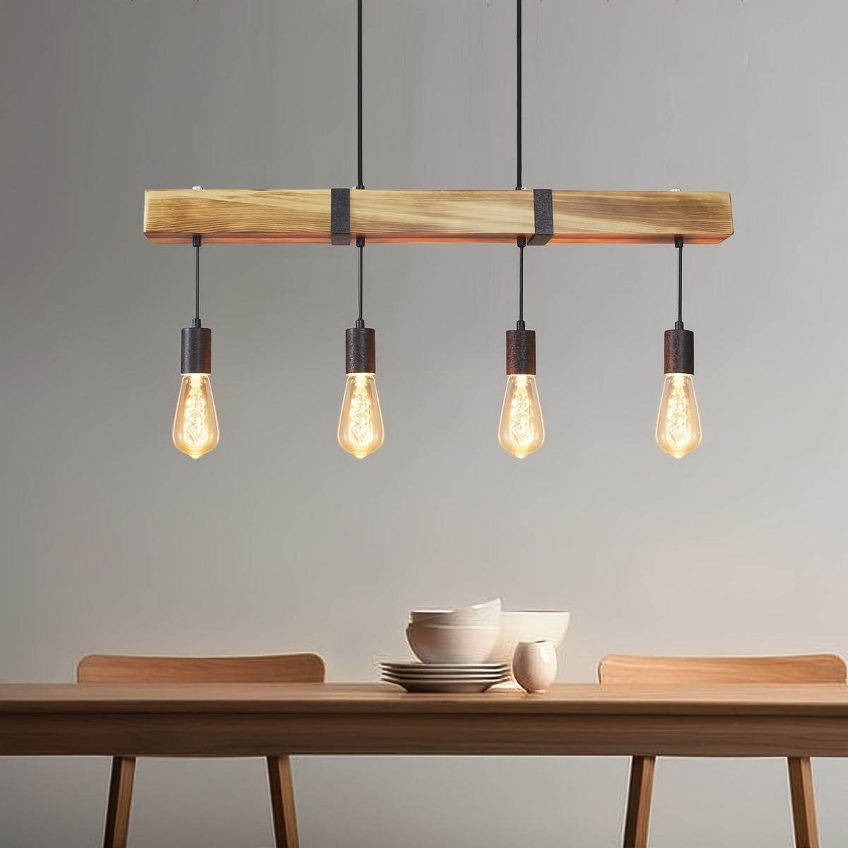 Suspension poutre effet bois aux ampoules apparentes
