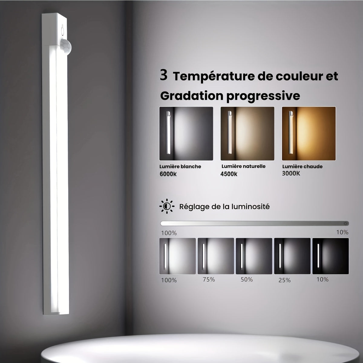 Barres LED à détecteur par 3 ou par 6, trois teintes et variateur