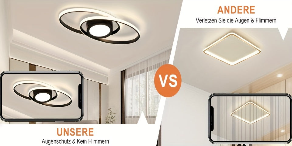 Plafonnier LED noir ovale ou carré à anneaux, avec télécommande