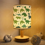Lampe de chevet enfant à dinosaures verts, abat-jour lin, USB