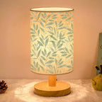 Lampe de chevet en tissu à feuillage vert, socle effet bois