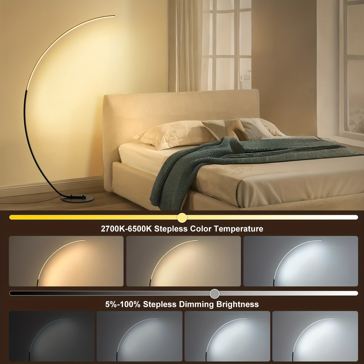 Lampadaire arc LED 25 W noir à minuterie et mémoire, 165 cm