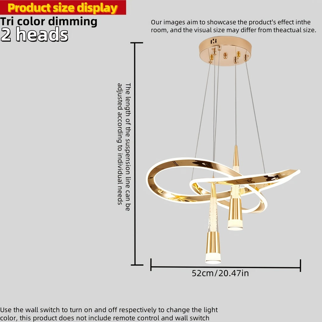 Lustre LED doré à rubans entrelacés et deux cônes, trois teintes