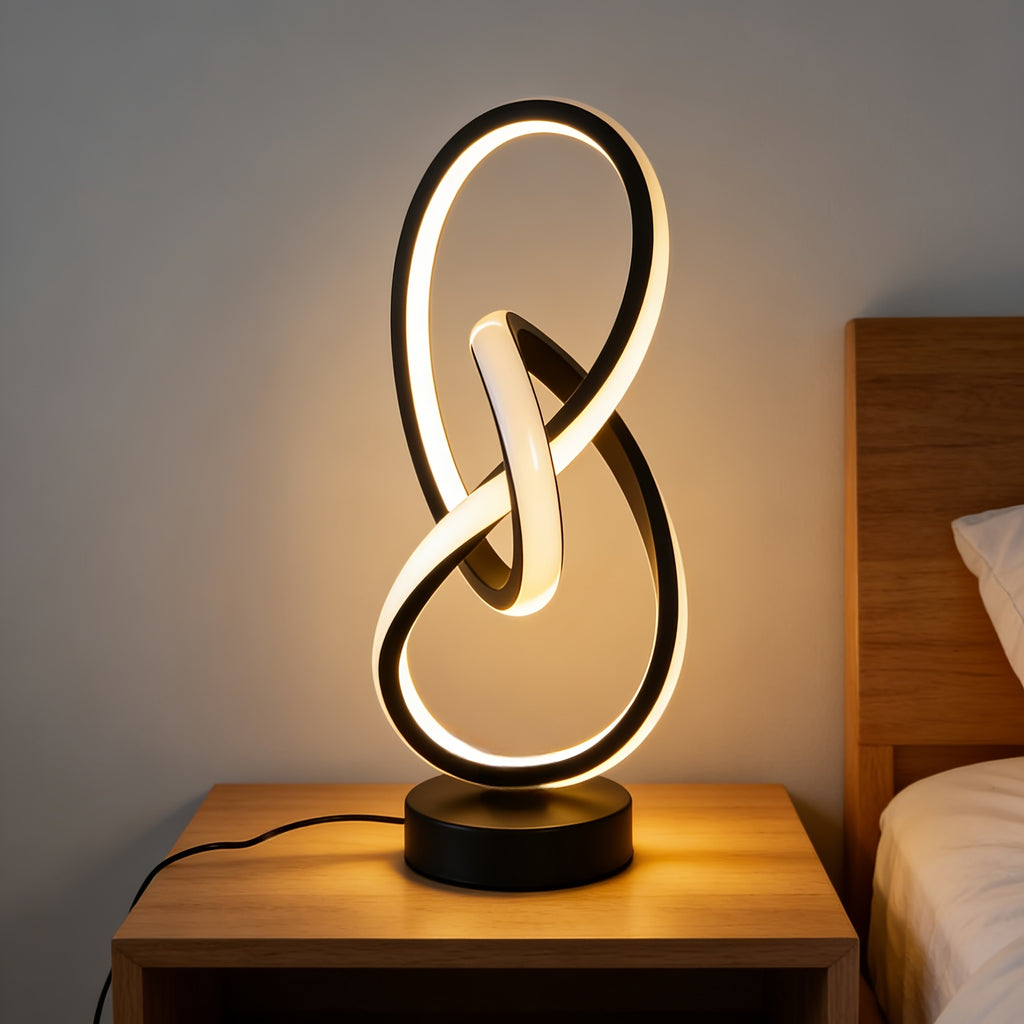 Lampe à poser blanche en ruban LED noué, sculpture lumineuse