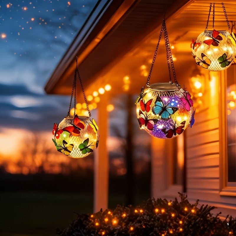 Lot de 2 lanternes solaires boules à papillons, à suspendre, IP65