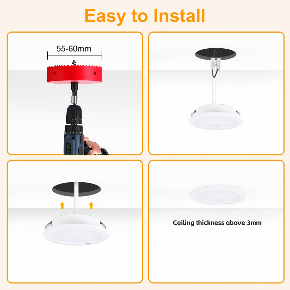 Lot de 6 mini spots LED encastrables 4W extra-plats, 4 finitions