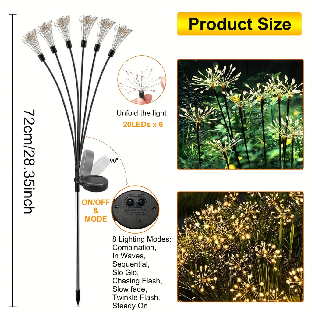 Lampe solaire de jardin feu d'artifice, 120 LED sur 6 tiges souples