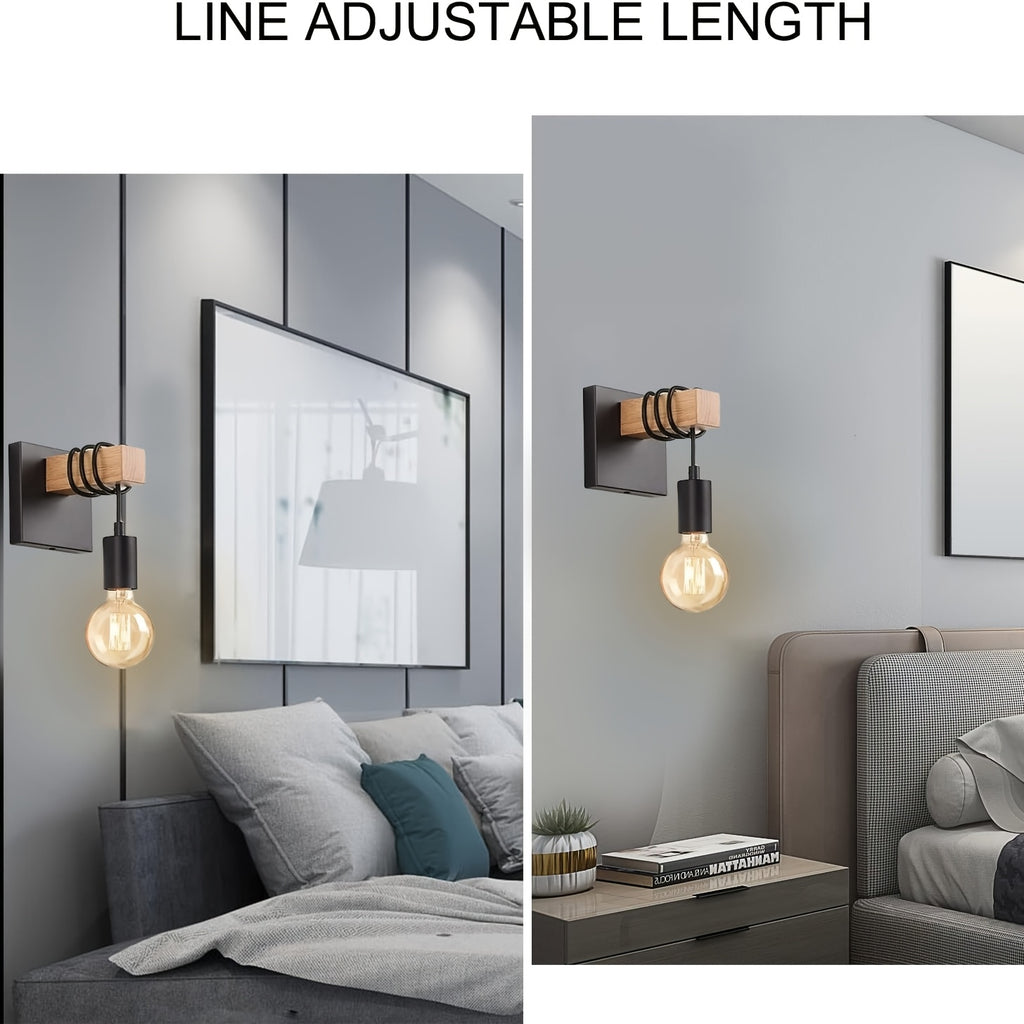 Applique murale bois et métal noir, câble enroulé et ampoule nue