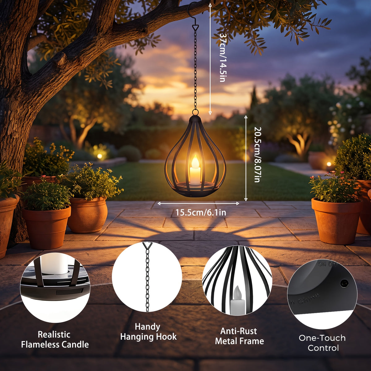 Lanterne solaire goutte en métal noir, bougie LED vacillante, IP65