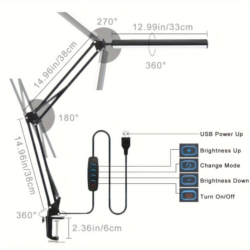 Lampe d'architecte à pince LED, bras métal blanc ou noir, USB