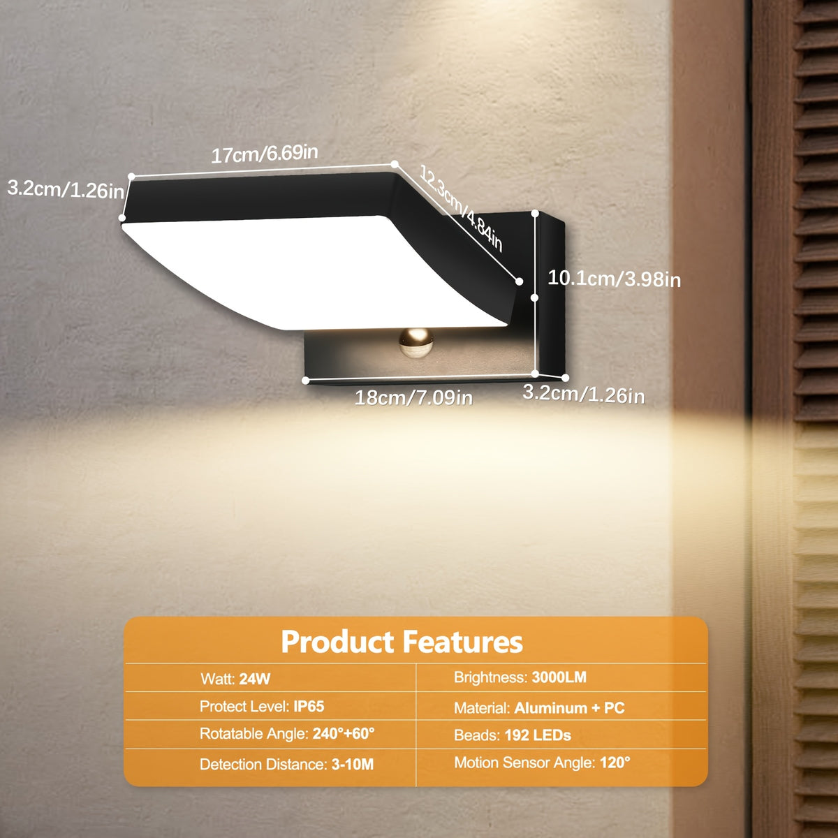 Applique LED 24 W à détecteur, tête pivotante, trois teintes IP65