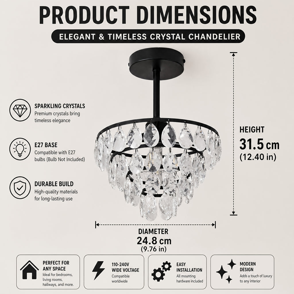 Lustre de cristal sur tige courte, doré ou noir, Ø 24,8 cm