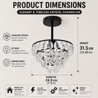 Lustre de cristal sur tige courte, doré ou noir, Ø 24,8 cm