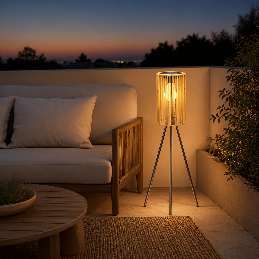 Lampadaire solaire trépied 78 cm, lanterne tressée effet rotin