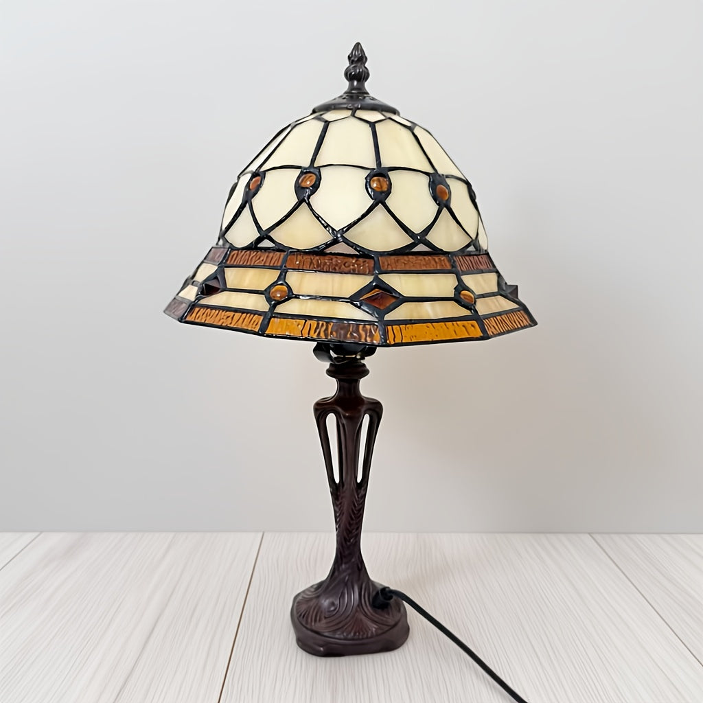 Lampe de table en vitrail ambré et ivoire, pied en résine, E27