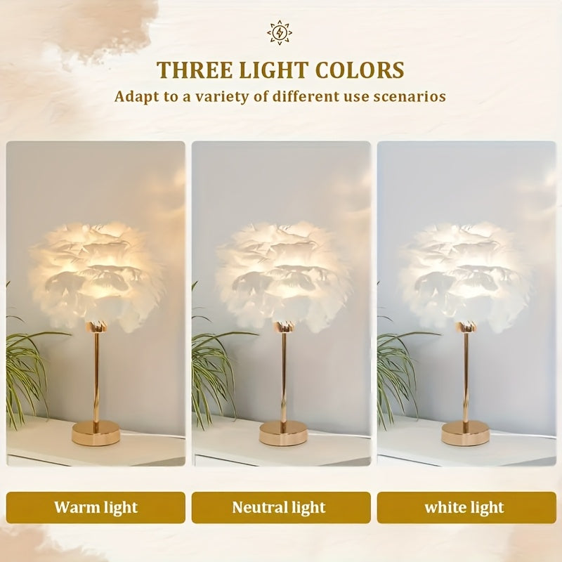 Lampe de chevet en plumes de 40 cm, abat-jour Ø 23,5 cm et pied doré